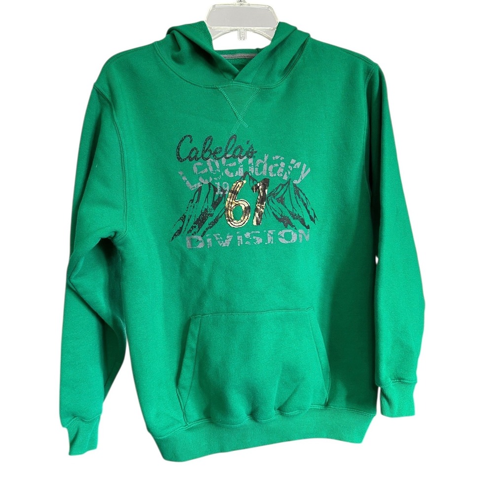 Cabelas Legendary Division Graphic Hoodie Green Kids Sz Large 1961 Mountain Camo